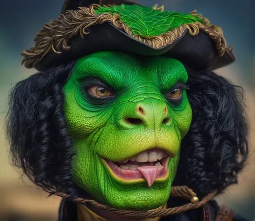 A green lizard-faced person with curled black hair and a pirate hat,orc,goblin,scandia gnome,lokportrait,fantasy portrait,jester,grinch,woman frog,wicked witch of the west,ogre,barbet,lampenpuzergras,