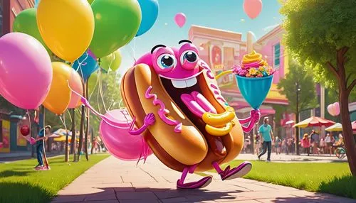 Fun-loving cartoon mascot, Pepto Bismol hot dog character, brightly colored costume, yellow and pink stripes, big smile, shiny eyes, holding a giant hot dog, relish and mustard dripping down, sunny da