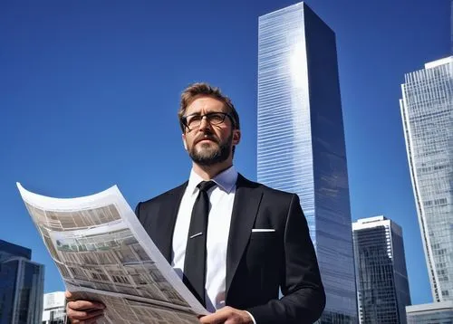 American architect, middle-aged, mature, bespectacled, short brown hair, beard, white shirt, black tie, formal suit, holding blueprints, standing, confident pose, in front of a modern skyscraper, urba