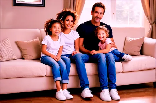 happy family, mother, father, two kids (6yo, 8yo), smiling faces, casual wear, jeans, t-shirts, sneakers, messy hair, natural makeup, warm lighting, soft focus, candid pose, relaxed atmosphere, living