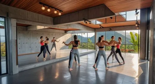 concrete, wood, tropical industrial house, granite, warm, window, hill view, dancing studio,fitness room,fitness center,gymnastics room,leisure facility,aqua studio,yoga class,sport aerobics,window fi