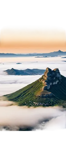 Table Mountain, Cape Town, South Africa, cityscape, panoramic view, morning mist, rugged terrain, unique flat top, lush green vegetation, subtle mist effect, warm golden lighting, 3/4 composition, sha