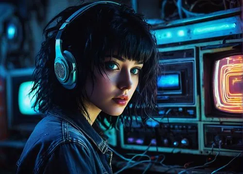 girl at the computer,operator,utada,alita,motoko,cortana,replicant,retro girl,headphone,kirca,cyberpunk,synth,replicants,ripley,shimei,headset,bladerunner,lain,headphones,listening to music,Illustration,Vector,Vector 05