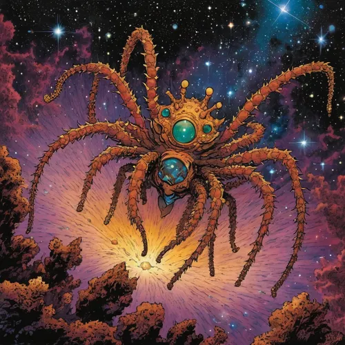 tarantula,star illustration,nebula guardian,supernova,ophiuchus,araneus,cosmic flower,star mother,spacescraft,spider the golden silk,nebula 3,zodiac,arachnid,cuthulu,astral traveler,valerian,spider network,star flower,sci fiction illustration,v838 monocerotis,Illustration,Children,Children 02