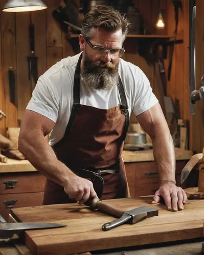 Craftsman, middle-aged man, muscular arms, rugged beard, safety goggles, white apron, wooden workbench, various tools scattered, crest-shaped metal piece, hammer in hand, concentrated expression, work