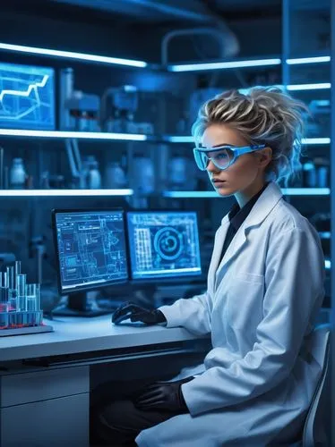 Futuristic laboratory interior, futuristic equipment, stable diffusion SDXL model display screen, modern minimalist desk, ergonomic chair, scientist character, white lab coat, goggles, messy hair, foc