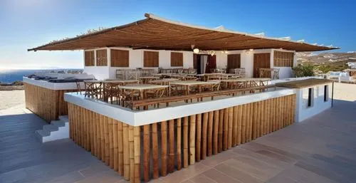 outdoor restaurant like pinky beach mykonos, bamboo roof,tables and chairs outside an outdoor restaurant on the beach,amanresorts,holiday villa,roof terrace,beach restaurant,beach bar,wooden decking,d