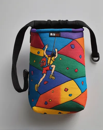 Describe a colorful chalkbag used by a joyful rock climber.,bowling ball bag,rock-climbing equipment,messenger bag,sport climbing helmets,climbing harness,climbing equipment,climbing helmet,golf bag,s