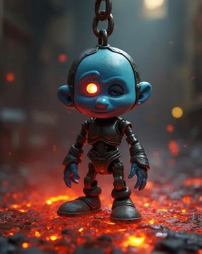 Render a 3D Pixar character that is a mixture of a smurf and a Terminator cyborg, one eye blinking red, hanging  on a chain over molten steel ,an image of a small character with glowing eyes,bohlander