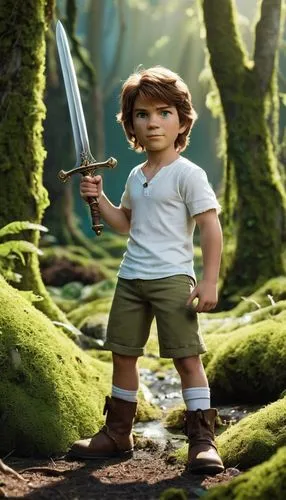 Far Far Away kingdom, Prince Fergus, Shrek's son, 10yo, green skin, messy brown hair, freckles on nose, curious eyes, white shirt, blue shorts, holding a toy sword, standing in front of a swampy backg