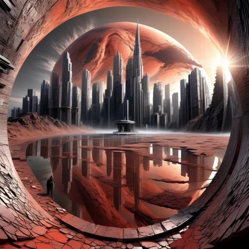 sci fiction illustration,futuristic landscape,stargate,sci fi,alien world,alien planet,exoplanet,parallel worlds,sci-fi,sci - fi,fire planet,heroic fantasy,dystopian,terraforming,actinium,arcanum,post-apocalyptic landscape,world digital painting,old earth,compans-cafarelli