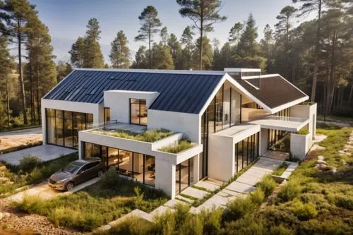 WHITE theme , WHITE exterior walls,eco-construction,timber house,solar panels,house in the forest,danish house,grass roof,energy efficiency,cubic house,solar power,solar photovoltaic,smart home,smart 