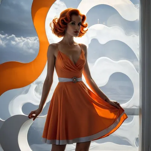 art deco woman,retro pin up girl,pin up girl,orange,retro pin up girls,pin-up girl,transistor,retro woman,pin ups,creamsicle,bright orange,orior,orange blossom,retro girl,pin up girls,girl in a long dress,orange robes,atomic age,50's style,stewardess,Illustration,American Style,American Style 05