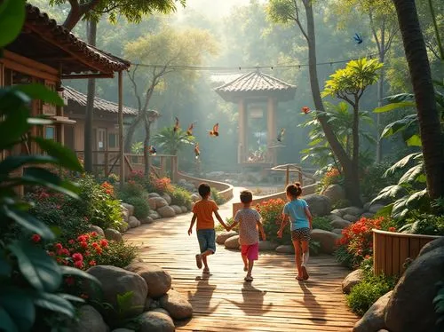 animal kingdom,amazonians,pathway,happy children playing in the forest,jinchuan,vietnam,world digital painting,girl and boy outdoor,fairy village,tailandia,shangrila,shanghai disney,forest path,tianxia,hainan,children's background,mulan,cartoon forest,auriongold,idyllic,Photography,General,Realistic