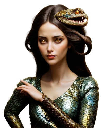 Serpentine creature, mythical being, scaly skin, golden eyes, forked tongue, coiled posture, intricate patterns, shiny scales, dark brown color, mystic aura, low-key lighting, dramatic composition, 3/