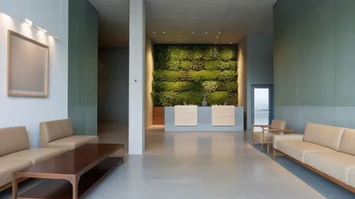 The sleek and modern dining room features a modern design that highlights the plush decor of a residential complex. The centerpiece of the space is a vibrant green wall, surrounded by spacious glass w