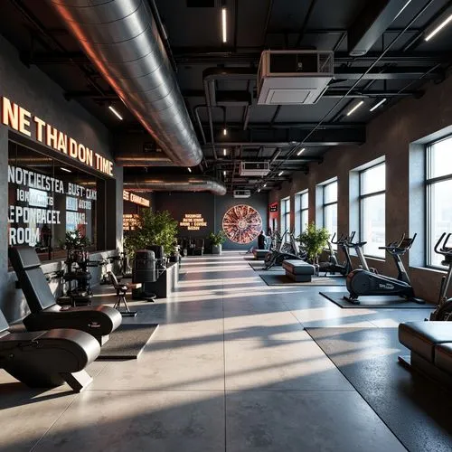 Modern fitness center, industrial chic interior, exposed ductwork, polished concrete floors, mirrored walls, state-of-the-art exercise equipment, neon-lit signage, minimalist decor, sleek metal accent