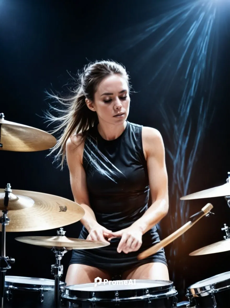 A great drummer in full action! Sweat splashes off her. Her skin is glistening with wetness.,a woman sitting on top of a drumset,drumming,whiplash,lynn,snare,drumbeat,drummer,Photography,Artistic Phot