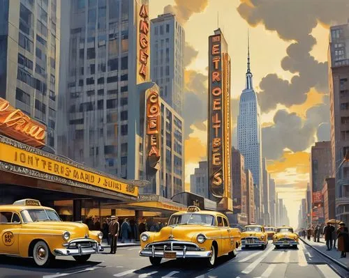 radio city music hall,new york taxi,yellow taxi,cosmopolis,cinerama,art deco,feininger,kodachrome,fleetline,edsel,vintage cars,tailfins,taxicabs,aronde,american classic cars,mcquarrie,vintage illustration,postwar,art deco background,morris minor 1000,Illustration,Retro,Retro 12