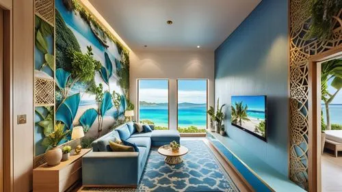 over water bungalow,great room,oceanfront,hallway space,beach house,wallcoverings,Photography,General,Realistic