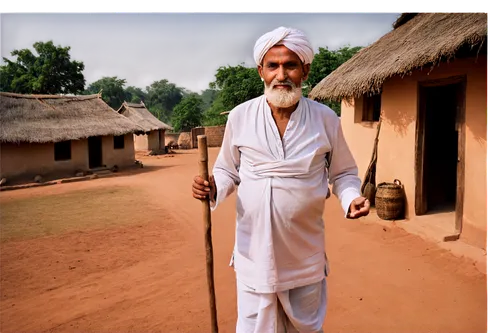 Traditional Indian village, rural setting, old man with turban, white beard, wrinkled face, wearing traditional clothes, dhoti, kurta, wooden stick in hand, standing, warm sunlight, dusty terrain, mud