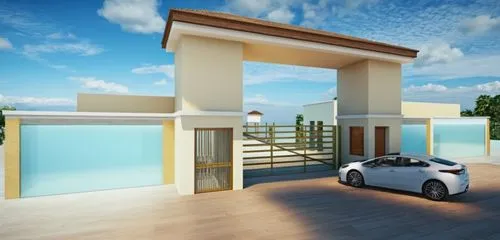 Mantener paleta de colores y automoviles y casas habitacionales,a white car parked outside of a house,carports,holiday villa,3d rendering,carport,pool house,luxury property,Photography,General,Realist