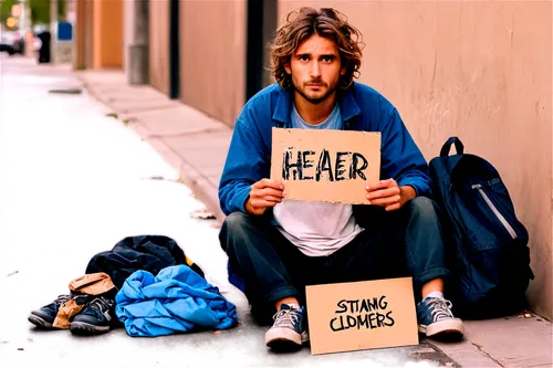 Homeless person, dirty clothes, worn-out shoes, tattered backpack, messy hair, unshaven face, sad eyes, sitting on sidewalk, hands holding a cardboard sign, morning light, shallow depth of field, warm