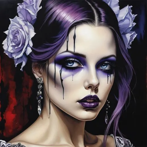 gothic portrait,fantasy portrait,gothic woman,lilac blossom,violet,vampire lady,vampire woman,purple lilac,purple rose,dark art,goth woman,deadly nightshade,widow flower,dead bride,la violetta,violet head elf,gothic fashion,fantasy art,vampira,victorian lady,Illustration,Realistic Fantasy,Realistic Fantasy 10