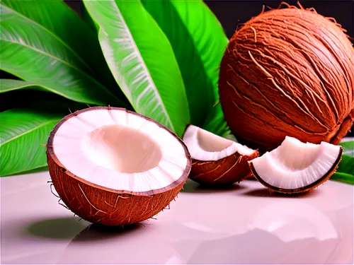 Coconut, tropical fruit, brown shell, white flesh, green leaves, solo, half-cut, detailed texture, realistic, warm lighting, 3/4 composition, shallow depth of field, vibrant color tone, cinematic rend