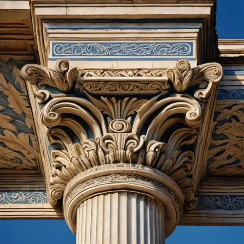 Frieze architecture, ancient Greek, ornate, intricately carved, marble material, detailed texture, column capitals, acanthus leaves, scroll motifs, floral patterns, symmetrical composition, bright war