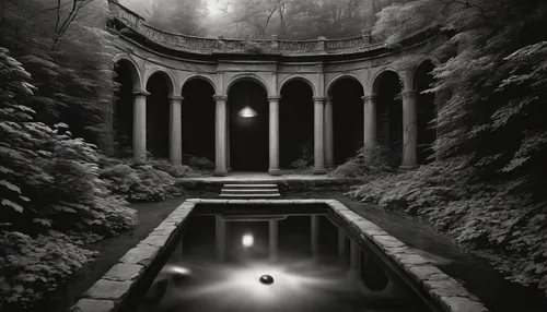 sunken church,cistern,secret garden of venus,thermal bath,abandoned place,mortuary temple,abandoned places,ghost castle,underground lake,hall of the fallen,wishing well,lost place,thermal spring,abandoned,myst,forest chapel,sanctuary,crescent spring,sepulchre,roman bath,Illustration,Realistic Fantasy,Realistic Fantasy 26