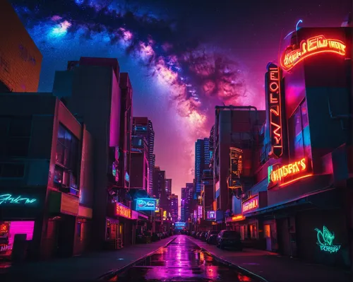 colorful city,vapor,neon lights,fantasy city,hollywood,cyberpunk,street canyon,neon coffee,los angeles,neon arrows,neon light,photomanipulation,movie palace,neon sign,lightshow,neon carnival brasil,colored lights,aesthetic,ultraviolet,metropolis,Conceptual Art,Sci-Fi,Sci-Fi 26