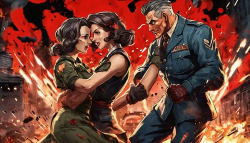 Create a heartbreaking dialogue between two lovers who are separated during the chaos of WWII.,warsaw uprising,fallout,game illustration,fallout4,explosions,explosion,apocalyptic,assault,fire-fighting