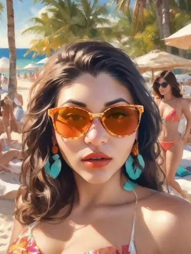 a beautiful young lady wearing large blue earrings and in front of people at the beach,hansika,tropico,wadala,beach background,bahama,tamanna,Digital Art,Impressionism