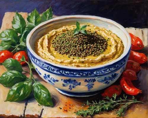 baba ghanoush,hummus,tapenade,olive butter,herb butter,za'atar,mediterranean cuisine,mediterranean food,harissa,iranian cuisine,middle-eastern meal,tahini,jewish cuisine,muhammara,béarnaise sauce,tabbouleh,green paprika,hotdish,boursin cheese,herb quark,Art,Artistic Painting,Artistic Painting 04