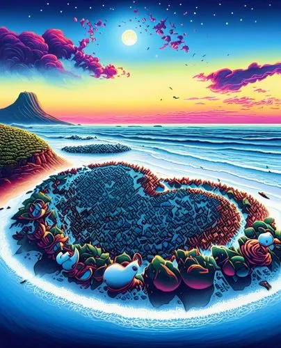 a psychedelic beach scene is depicted at dusk,colorful heart,delight island,dream beach,sea landscape,beach landscape,beautiful beach,Illustration,Realistic Fantasy,Realistic Fantasy 25