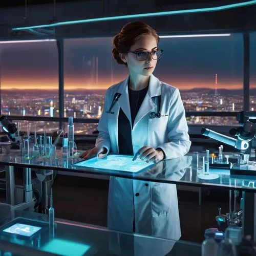 Futuristic laboratory interior, sci-fi atmosphere, sleek metal tables, futuristic equipment, microscopes, test tubes, various machinery, wires, screens displaying data, a large window overlooking a ci