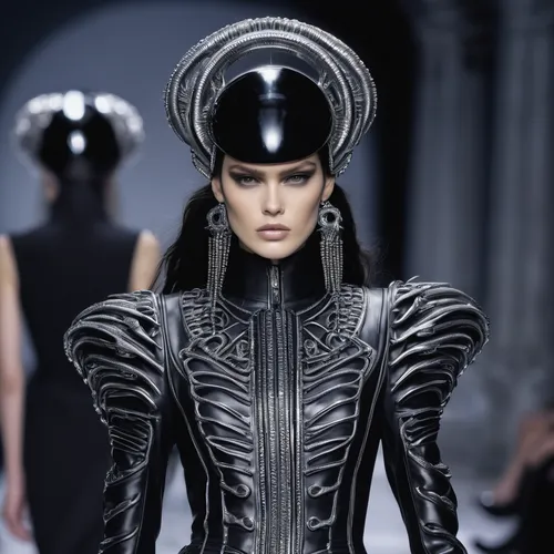 gothic fashion,haute couture,dress walk black,fashion design,costume design,the hat of the woman,designer dolls,versace,shoulder pads,mannequins,headpiece,fashion dolls,biomechanical,the hat-female,fashion designer,mannequin,catwalk,cuirass,wearables,fashion doll,Conceptual Art,Sci-Fi,Sci-Fi 02