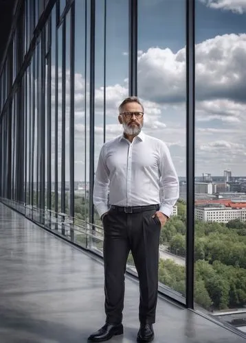 Mature gentleman, architect, 40s, glasses, short hair, beard, white shirt, black trousers, leather shoes, holding blueprints, standing, modern German architecture building, Berlin, glass and steel str