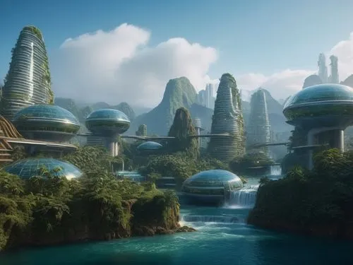 futuristic city of tomorrow with glass and jungle around with rivers and waterfalls with a large amount of water, mountains behind and large palm trees,futuristic landscape,terraformed,ecotopia,cardas