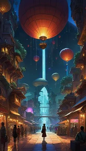 fantasy city,fantasy world,coruscant,futuristic landscape,metropolis,aurora village,marketplace,world digital painting,shambhala,atmosfera,cyberia,sci fiction illustration,fantasia,cybertown,kinkade,imaginationland,shanghai disney,lanterns,futuristic,bazaar