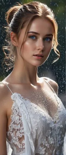 attractive active beautiful, white lace short dress, beautiful blue eyes, beautiful thin legs, beautiful lips, looks with love, it is raining, sun rays, she is all wet, drops of water flow down her bo