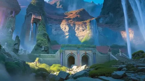 a futuristic, alien landscape with mountain view,rivendell,fantasy landscape,ice castle,alfheim,skylands,elves country,Photography,General,Realistic