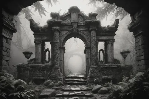 hall of the fallen,crypts,undercity,sepulchre,mausoleum ruins,sepulchres,labyrinthian,catacombs,undermountain,sanctum,shadowgate,the mystical path,the threshold of the house,ruins,threshold,catacomb,sepulcher,dungeon,shrines,crypt,Illustration,Black and White,Black and White 11