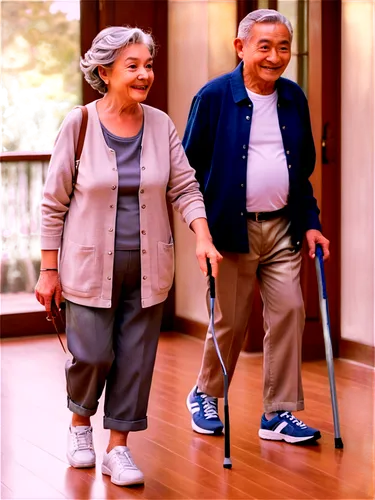 Elderly man, elderly woman, grey hair, wrinkles, walking stick, casual wear, loose clothing, sneakers, calm facial expression, gentle smile, warm lighting, soft focus, cinematic composition, shallow d