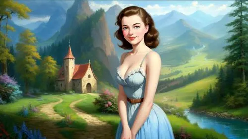 Masterpiece oil painting, vast exotic scenery, treacherous fantasy medieval European landscape, by Thomas Kinkade, by Bob Ross,maureen o'hara - female,landscape background,dorthy,fantasy picture,girl 