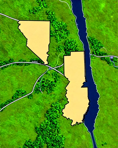 Map of Illinois and Indiana border, aerial view, detailed roads, highways, and interchanges, green forests, rolling hills, rural landscape, afternoon sun, soft shadows, 3/4 composition, high contrast,