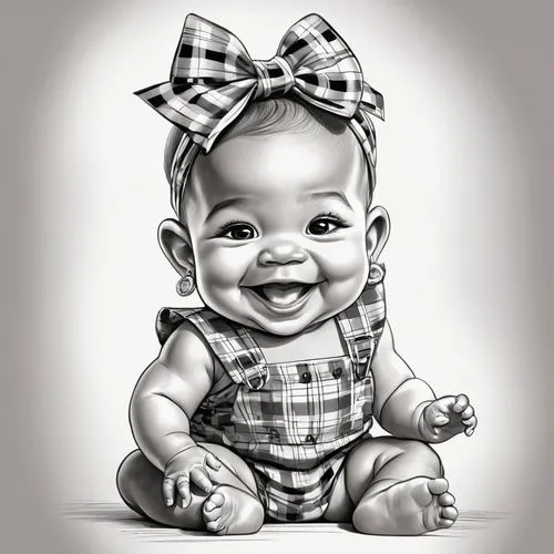 A black and white drawing of a joyful baby girl with an expressive, beaming smile and sparkling eyes that convey innocence and happiness. She wears a large plaid bow on her head, has small earrings, a