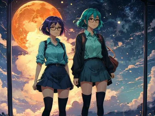 two asian women. thick rim glasses, knee high slouch socks, loafers, skirt, button up shirt. their sleeves are a little bit too long. They both have very messy hair. They are happily talking to each o