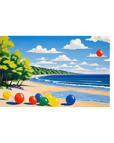 Summer scenery, sunny day, clear blue sky, fluffy white clouds, green trees with leaves rustling in wind, colorful beach balls, inflatables, sunglasses, ice cream cones, refreshing drinks, warm sand, 